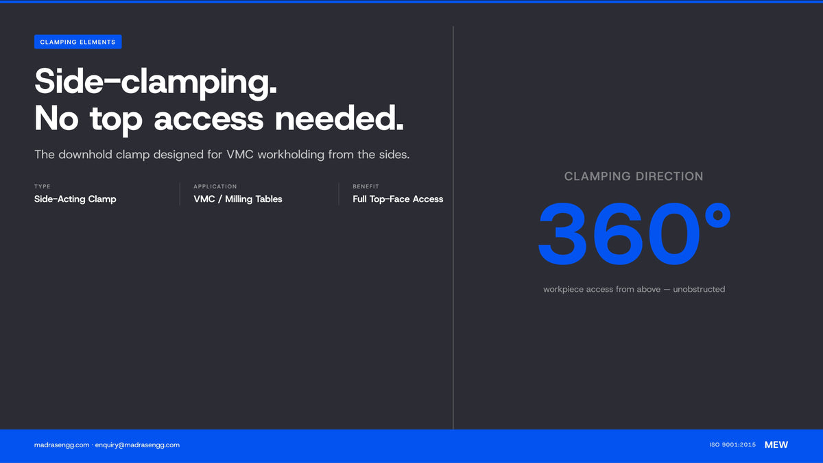 What is a downhold milling clamp — side clamping for CNC VMC workholding | Madras Engineering Works Chennai