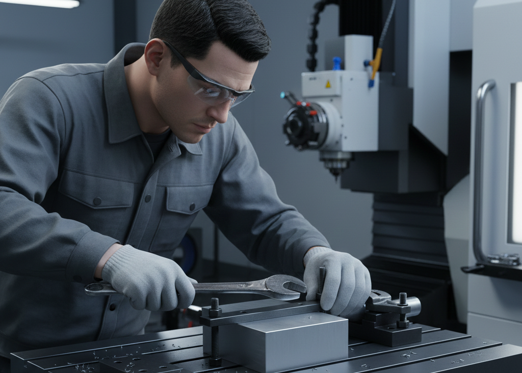 CNC workholding clamping elements in Indian VMC workshop setup | Madras Engineering Works Chennai