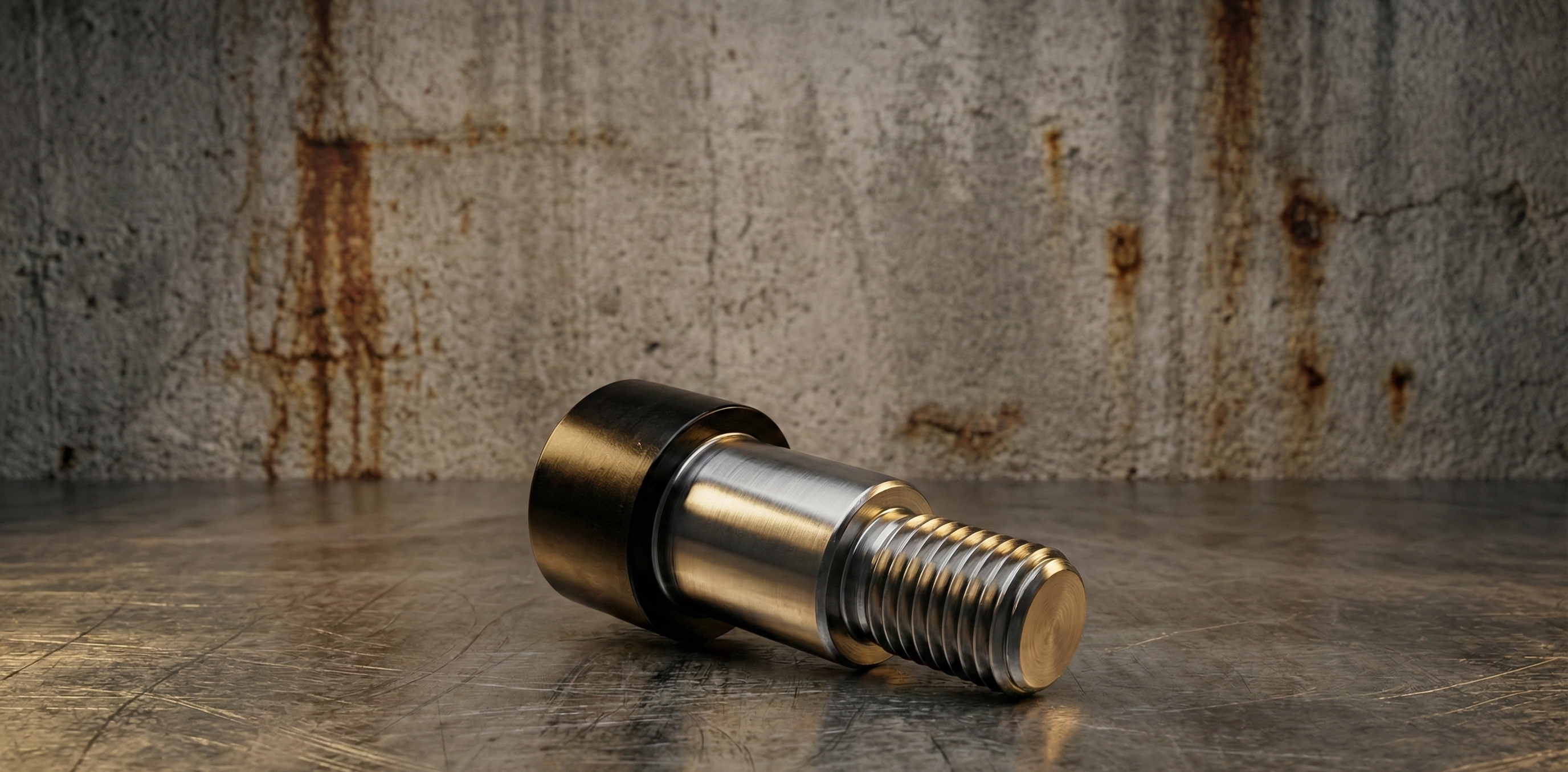 Metal screw on a textured metal surface with a rusty background